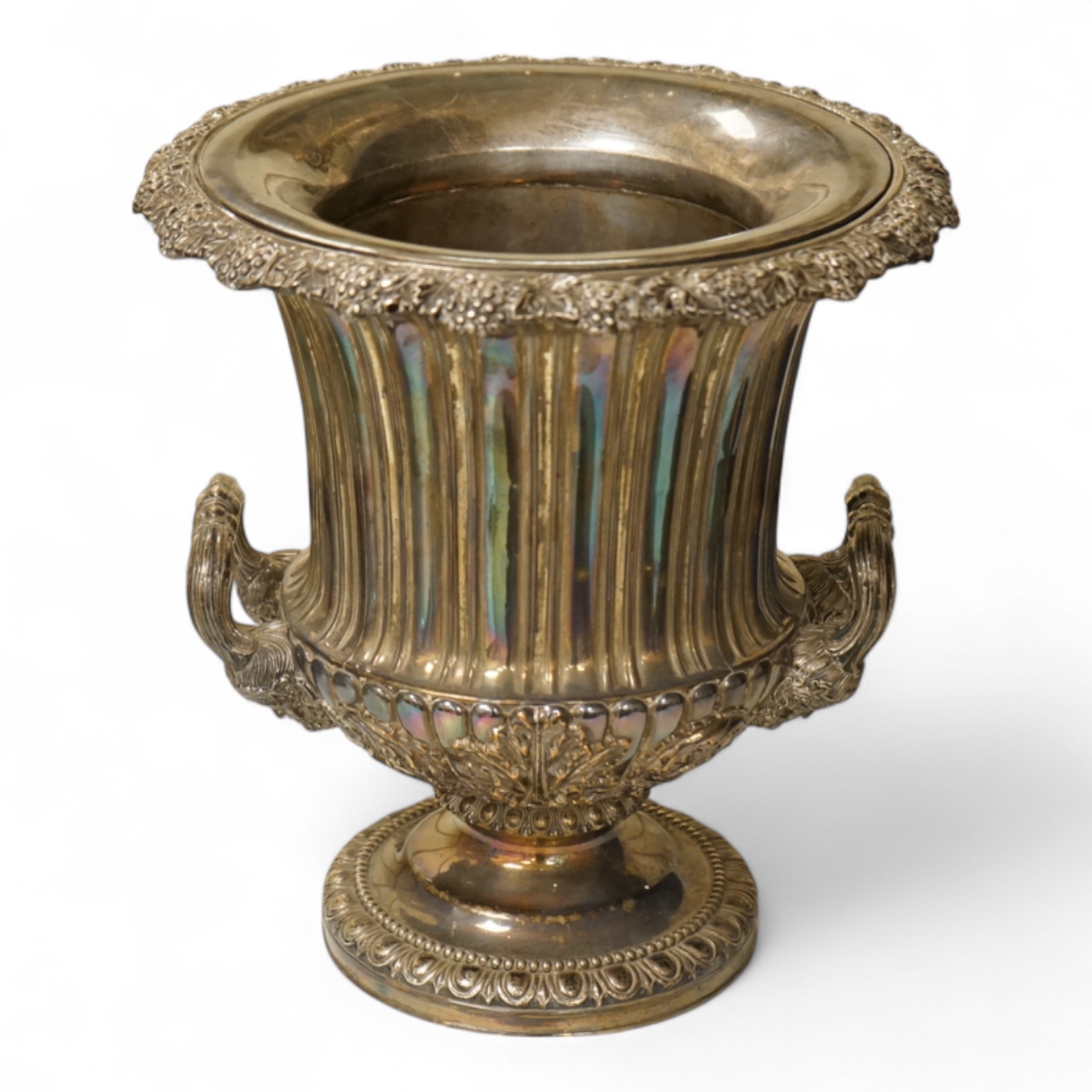 A Victorian silver plated campana wine cooler and removable liner, with vineous cast rim and bacchic mask twin handles, height 26cm.